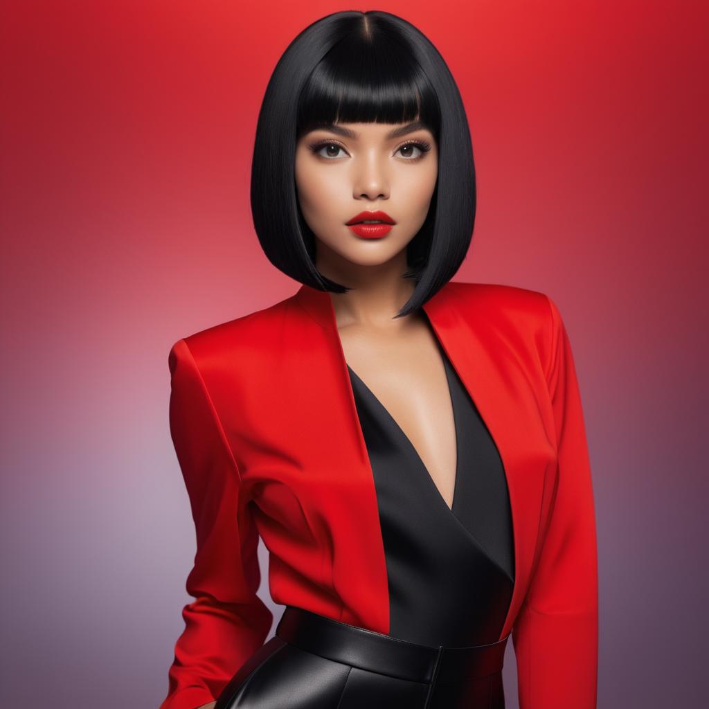 Elegant Woman in Red Blazer with Black Bob Hairstyle on Red Background