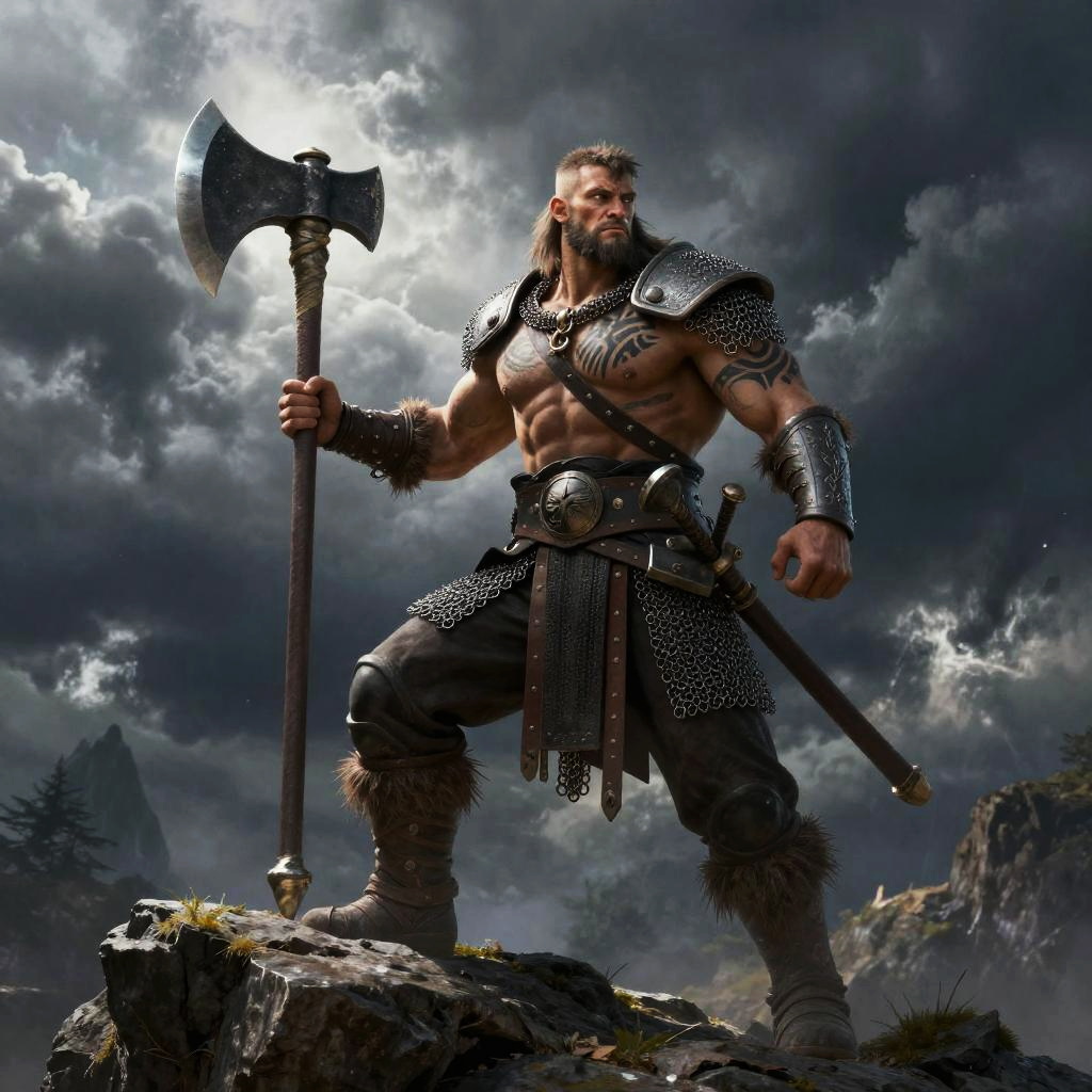 Powerful Muscular Warrior Man with Battle Axe in Stormy Fantasy Landscape