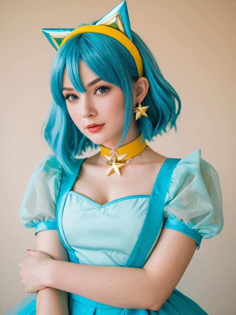 Anime-Inspired Blue Cosplay Woman with Star Accessories and Cat Ear Headband