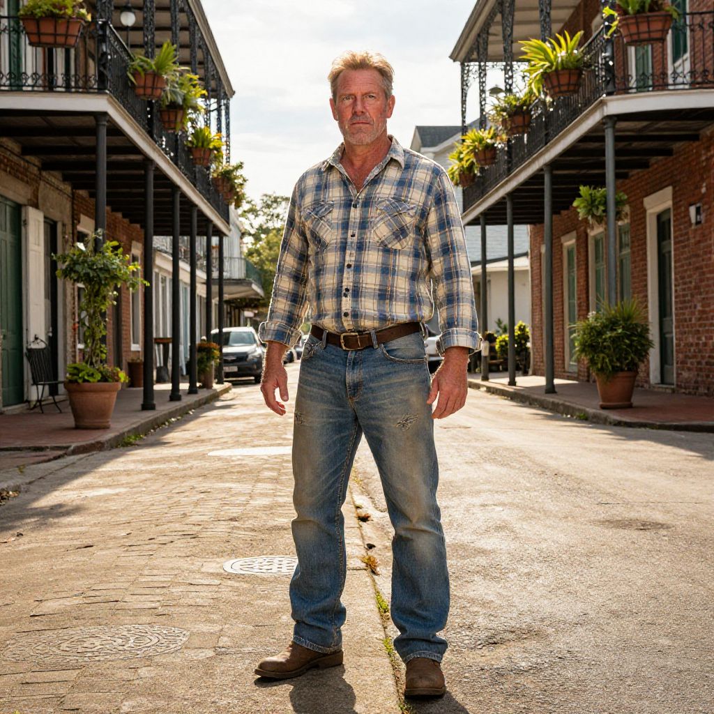 Rugged Man Standing on Historic Street with Wrought Iron Balconies