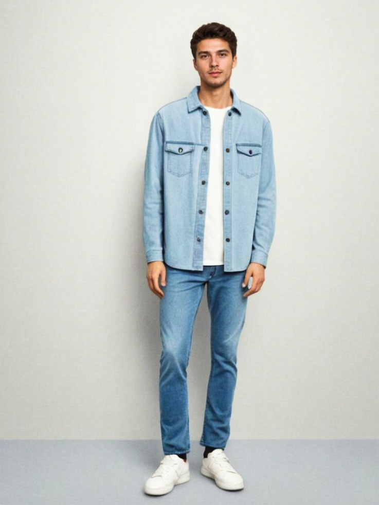 Stylish Young Man in Denim Shirt and Sneakers