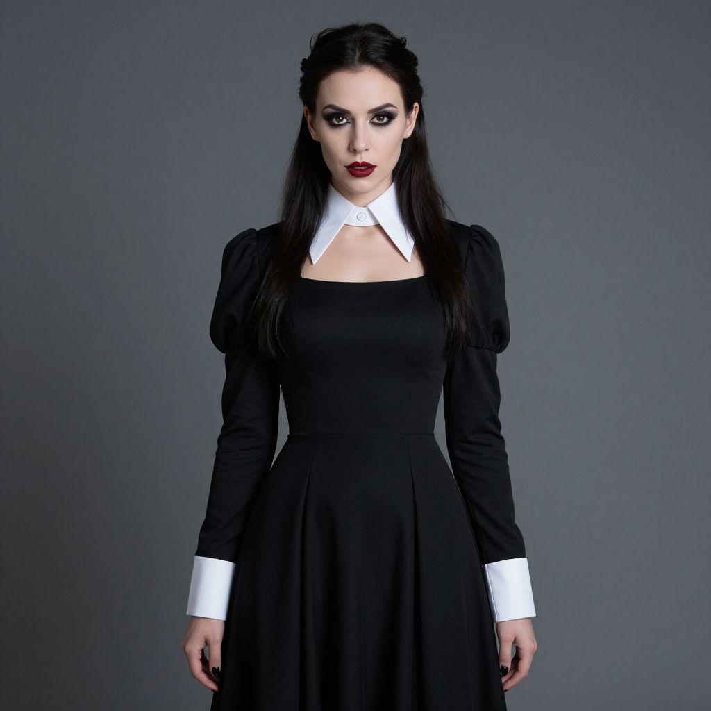 Gothic Vintage Black Dress Woman Portrait with White Collar and Cuffs