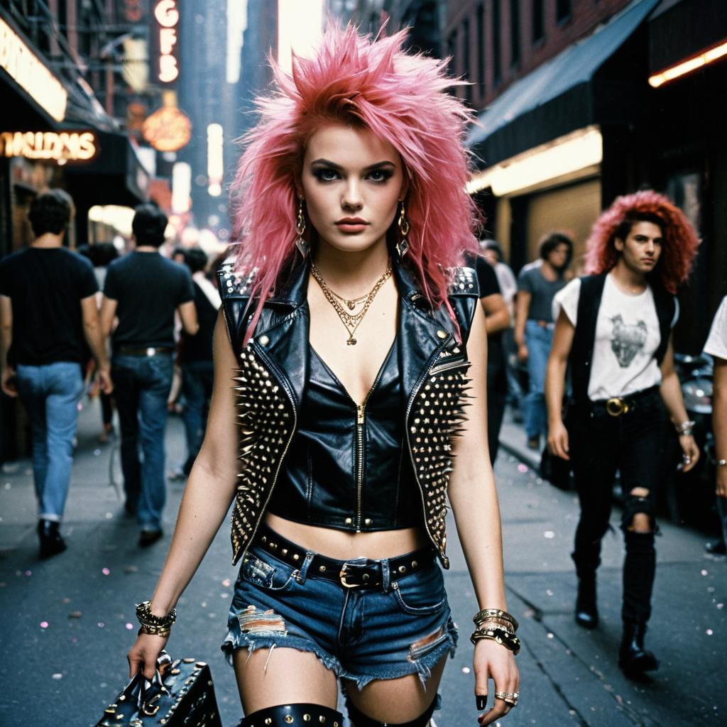 Punk Rock Woman with Pink Spiked Hair on Urban Street