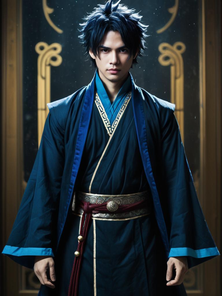 Man Cosplay Wearing Realistic Traditional Blue Costume with Gold Details