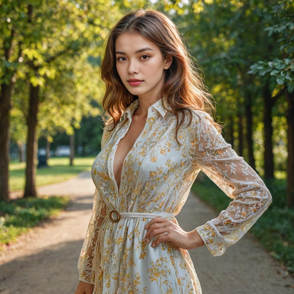 Woman in Floral Dress on Tree-Lined Path