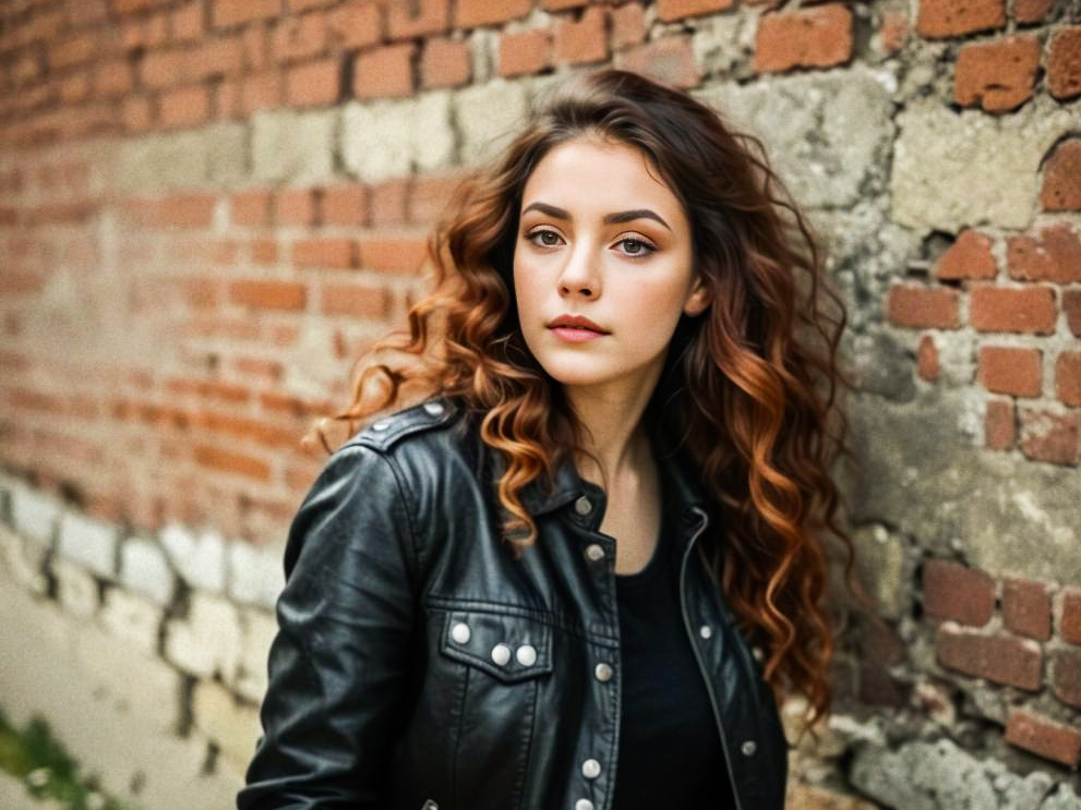 Young Woman in Leather Jacket Against Brick Wall