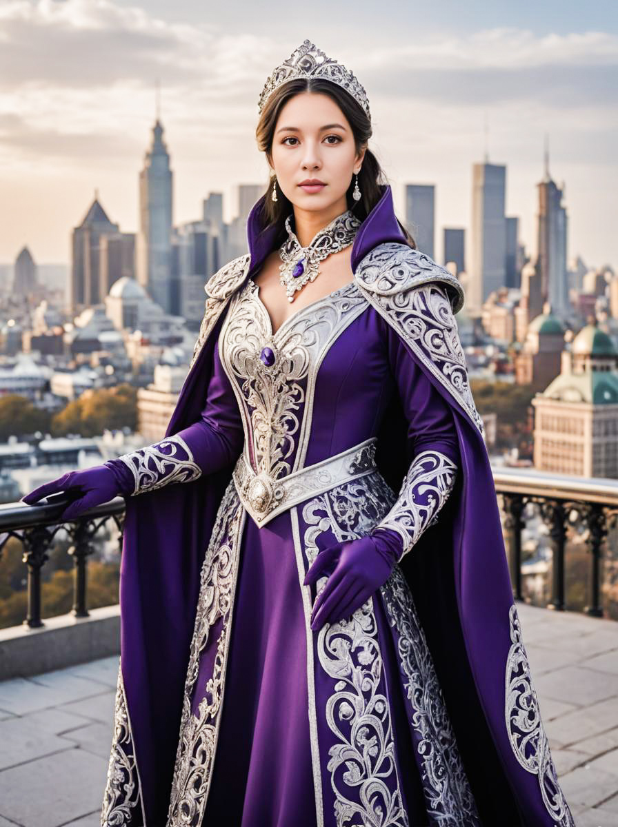 Regal Woman in Elegant Costume with City Skyline