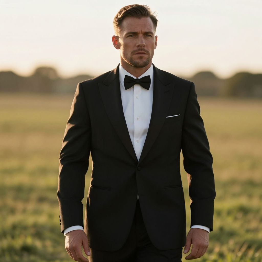 Man in Classic Black Tuxedo Standing in Field at Sunset