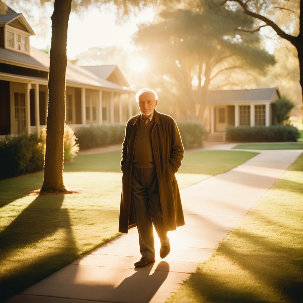 Elderly Man Strolling on Sunlit Pathway