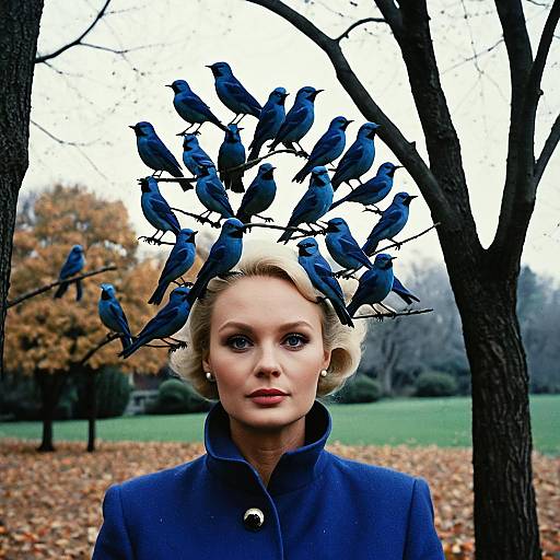 Woman with Blue Birds on Her Head Inspired by The Birds Movie Halloween Style