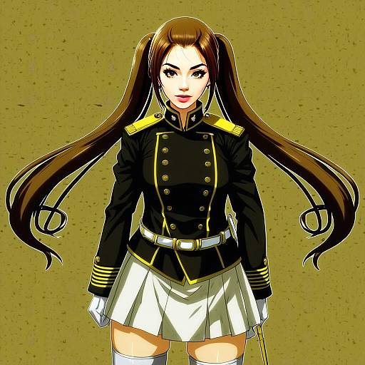 Anime Woman in Military Uniform with Long Twin-Tail Hair