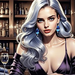 Elegant Woman with Silver Hair and Blue Earrings in Bar Setting
