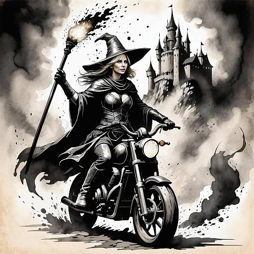 Fantasy Witch Woman Riding Motorcycle with Flaming Staff Near Medieval Castle