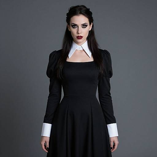 Gothic Vintage Black Dress Woman Portrait with White Collar and Cuffs