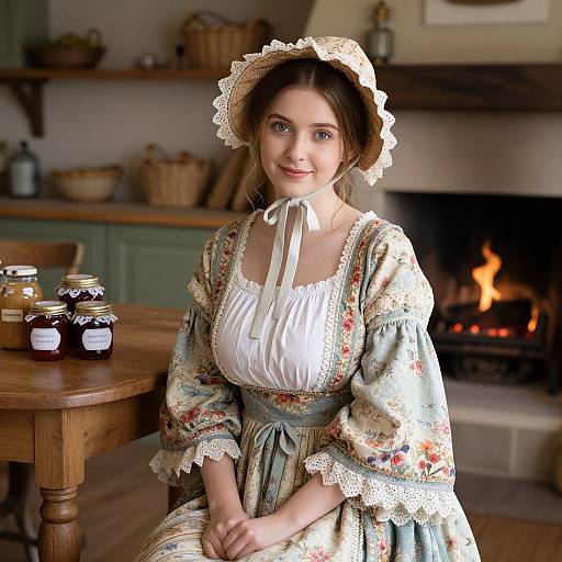 Young Woman in Vintage Floral Dress with Bonnet in Cozy Rustic Kitchen