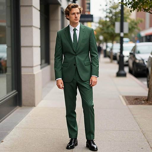 Man Wearing Stylish Green Suit Standing on Sidewalk in Urban Setting