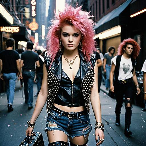 Punk Rock Woman with Pink Spiked Hair on Urban Street