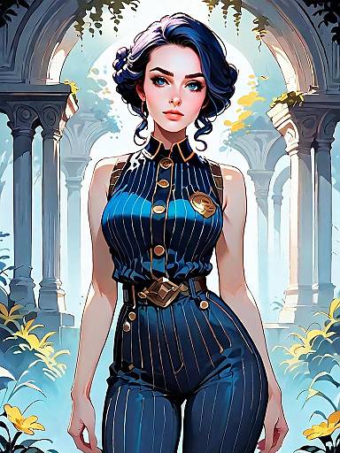 Confident Woman in Blue Pinstripe Outfit Among Classical Ruins Digital Art