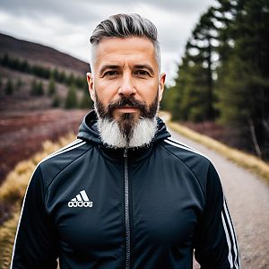 Mature Man with Silver Beard on Forest Trail