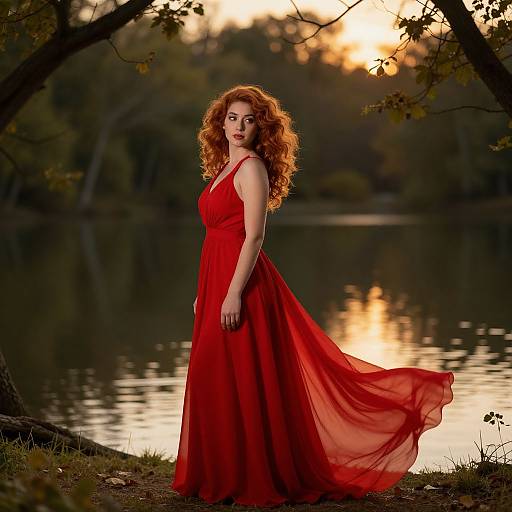 Elegant Woman in Flowing Red Dress by Lakeside at Sunset