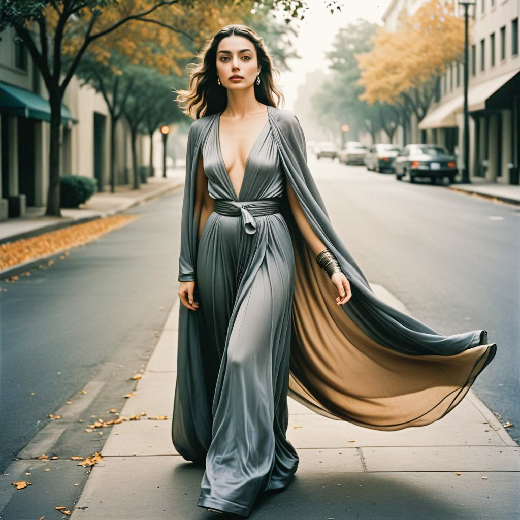 Confident Woman in Grey Gown on City Street