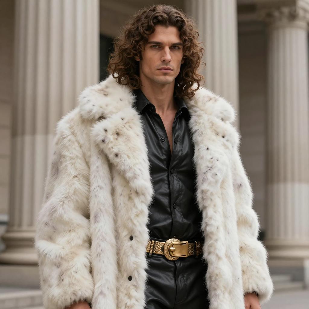 Fashionable Man in White Fur Coat and Black Leather Outfit