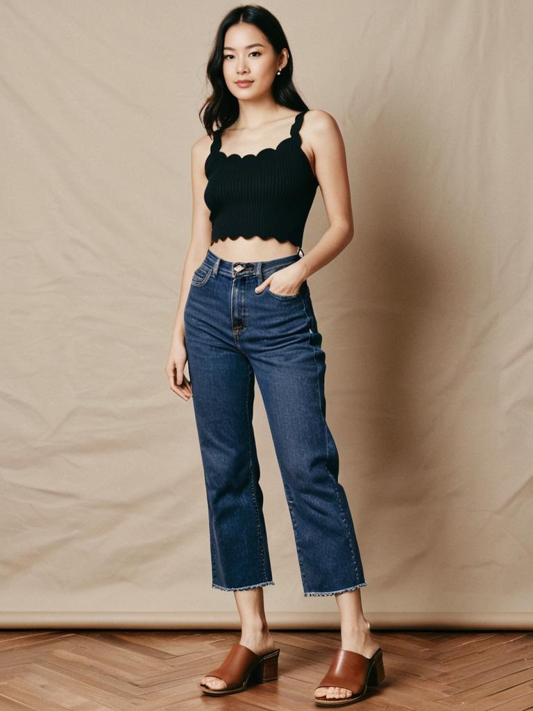 Woman Wearing Cropped Black Tank Top with Scalloped Hem and High-Waisted Jeans