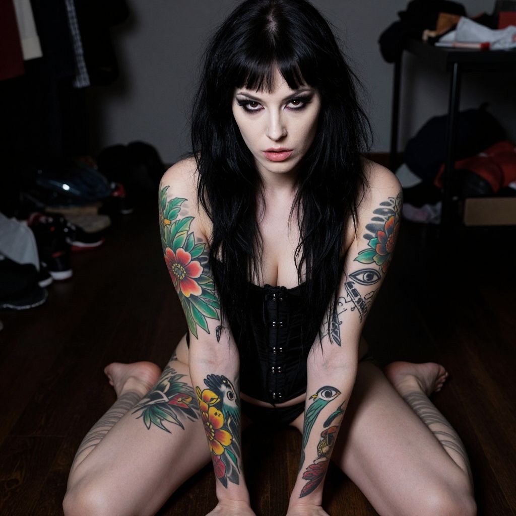 Edgy Woman with Colorful Tattoos and Black Corset Sitting on Floor