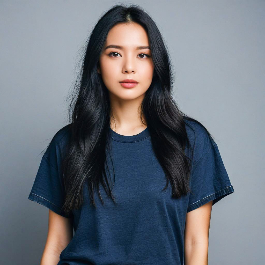 Young Woman in Navy Blue T-Shirt