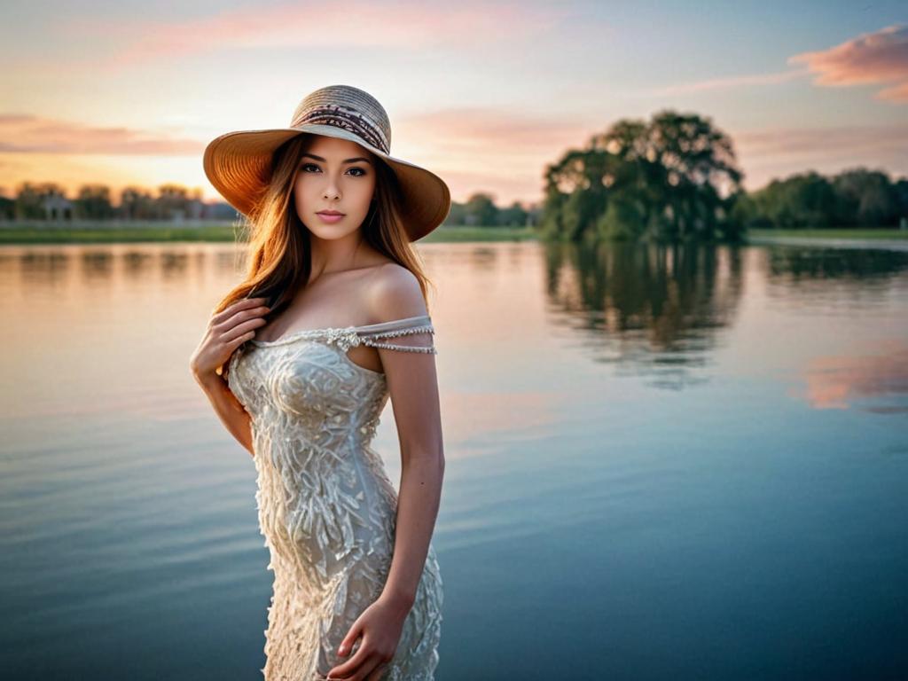 Elegant Woman in Gown at Sunset Lakeside