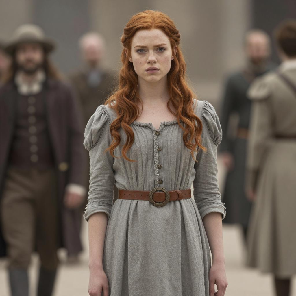 Red Haired Woman in Historical Dress with Belt in Period Drama Setting