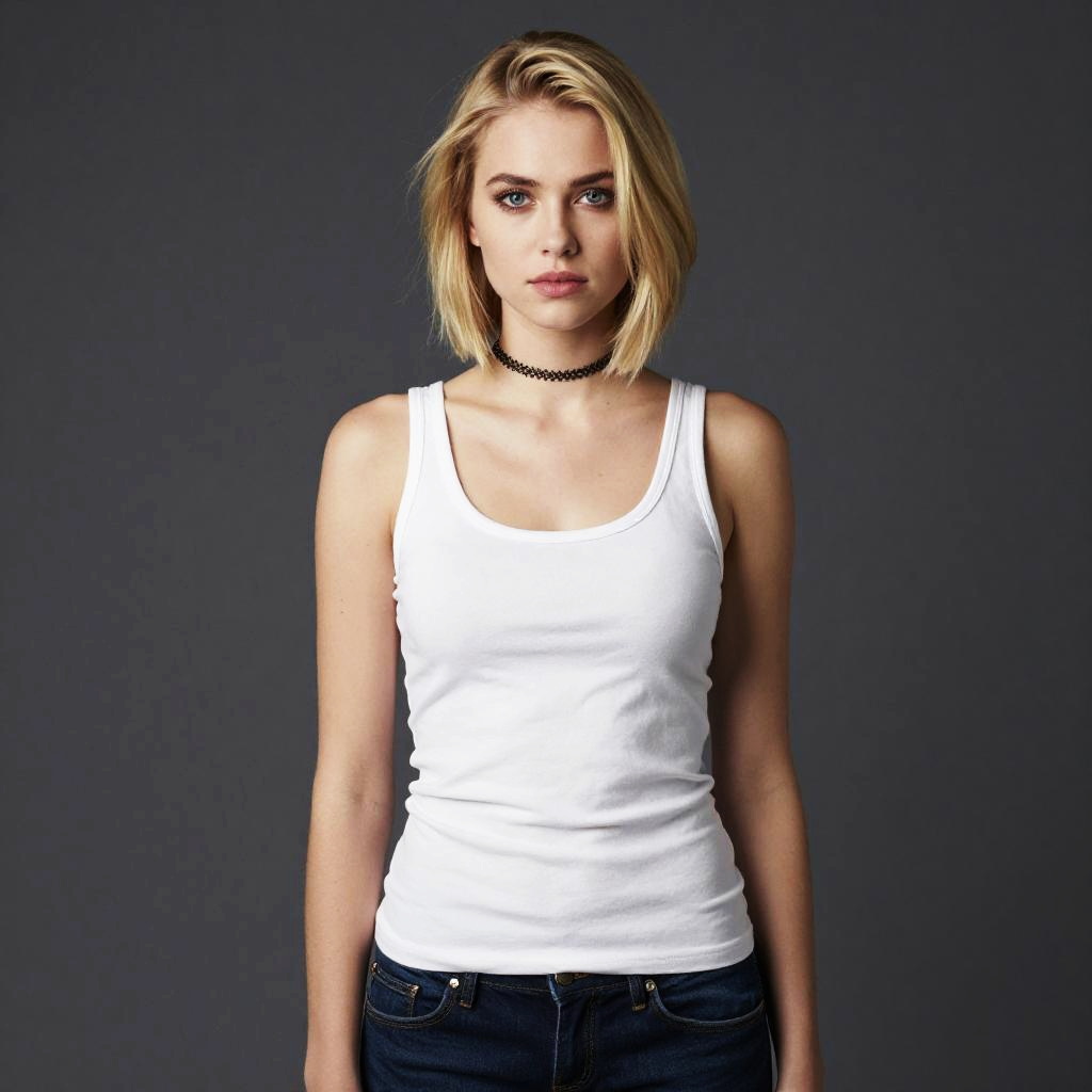 Blonde Woman in White Tank Top with Black Choker on Dark Background
