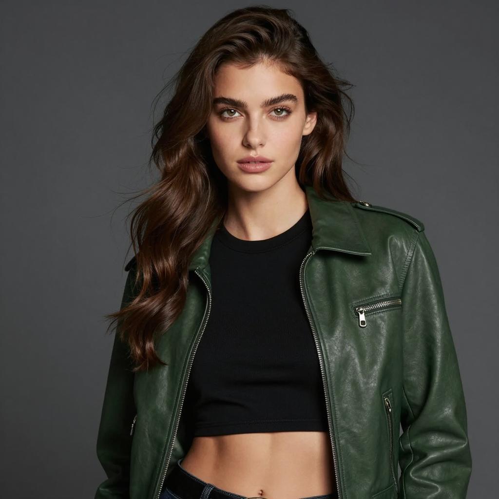 Young Woman in Green Leather Jacket and Black Crop Top Gen Z Fashion Portrait