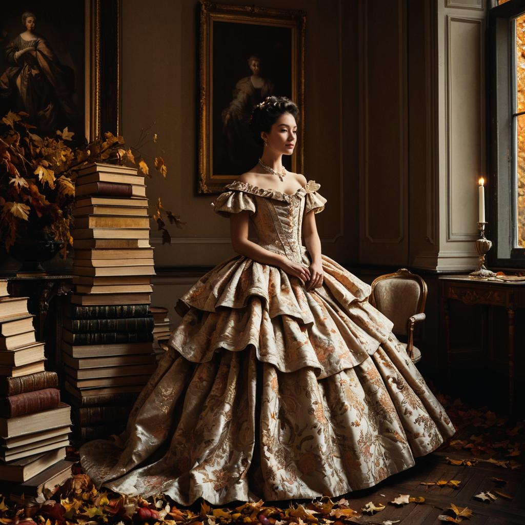 Elegant Woman in Vintage Ball Gown in Classical Autumn Room with Antique Books
