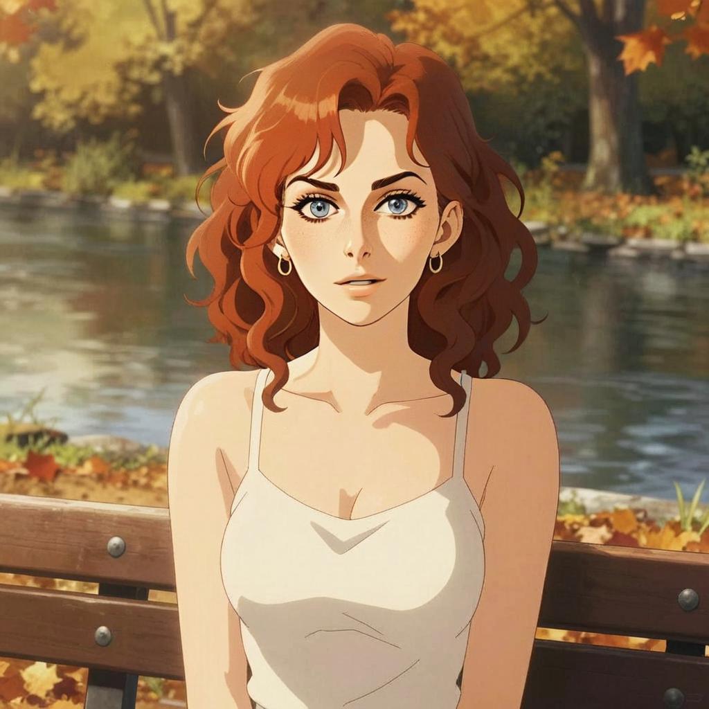 Anime Woman with Red Hair Sitting on Park Bench by Lake in Autumn