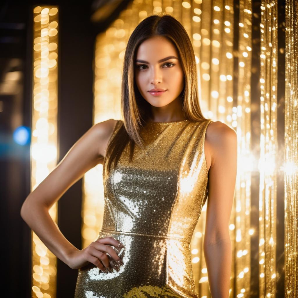Elegant Woman in Gold Sequin Dress with Festive Bokeh Lights