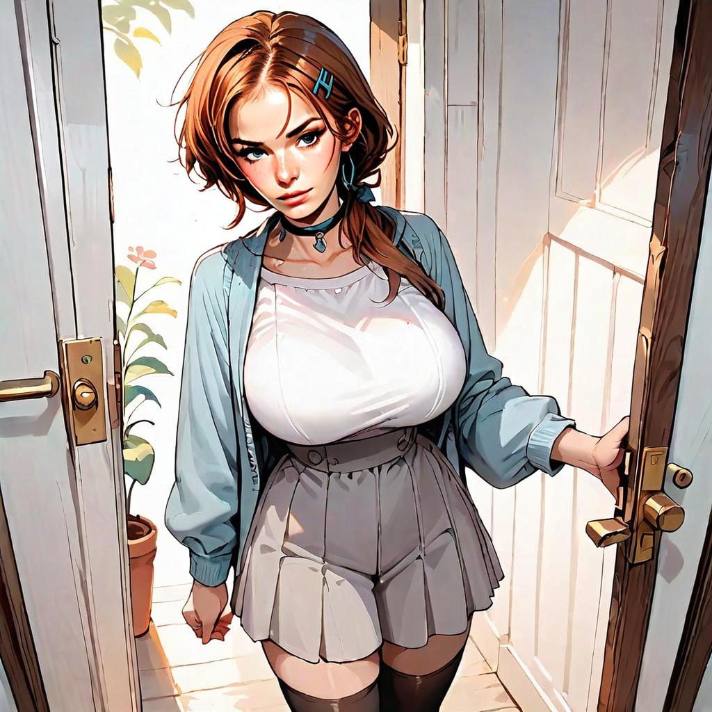Semi-Realistic Anime Style Young Woman in Doorway Wearing Pleated Skirt and Cardigan