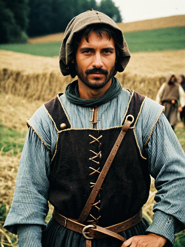 Medieval Peasant Man in Authentic Rustic Costume Outdoor