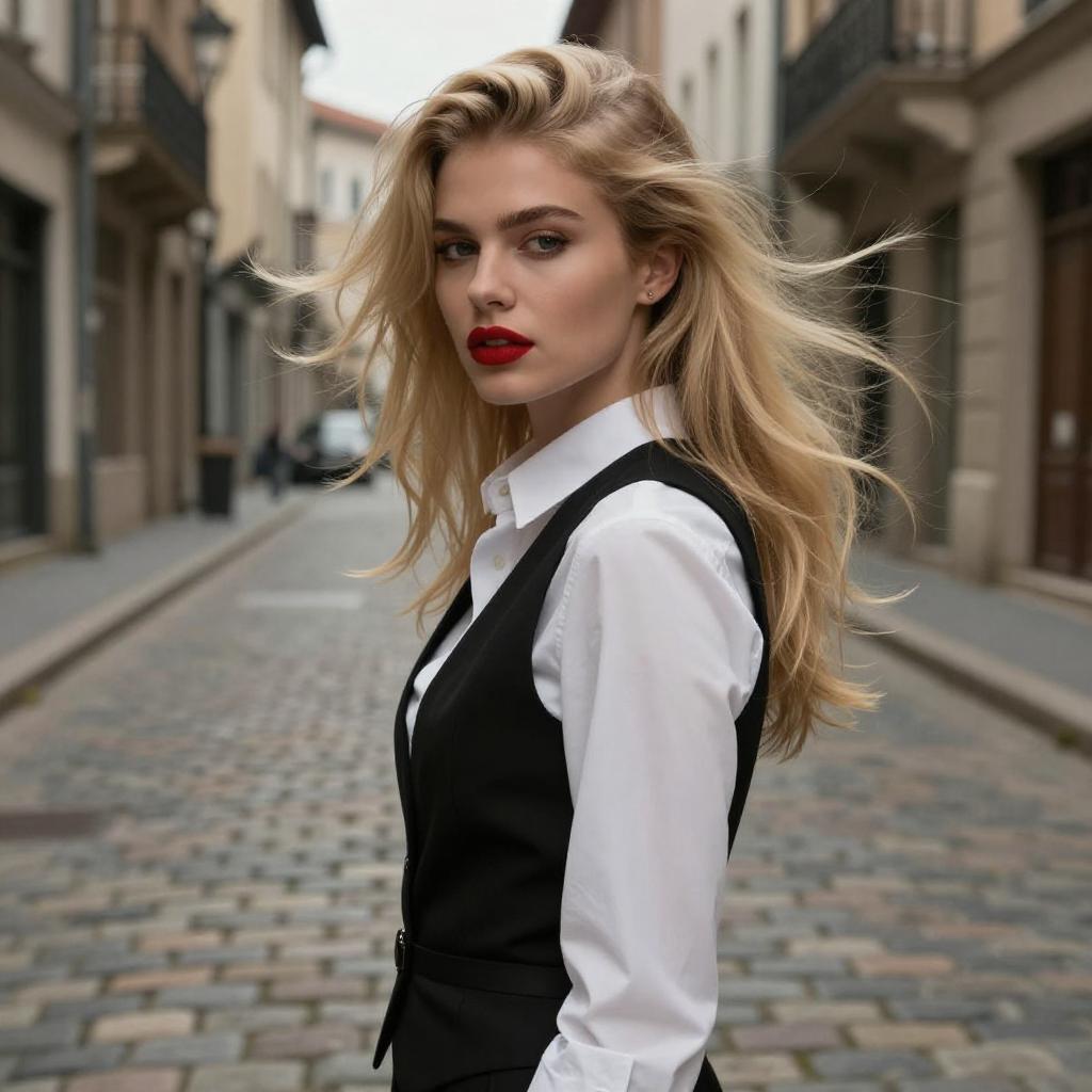 Stylish Young Woman in Black Vest and White Shirt on Cobblestone Street