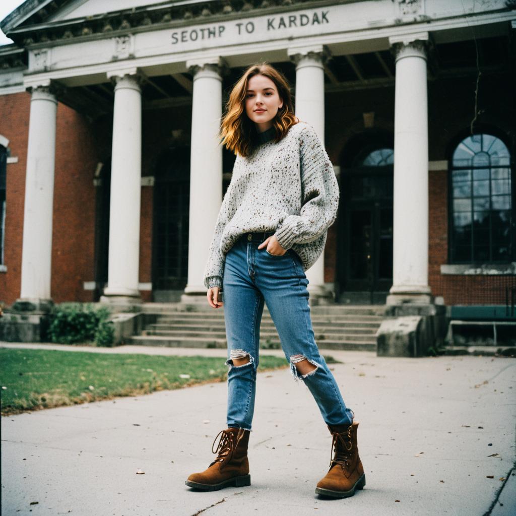 Young Woman in Casual Knit Sweater and Ripped Jeans Outdoors