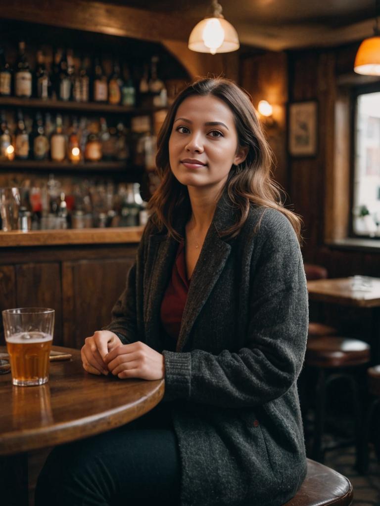 Woman Enjoying a Cozy Pub Atmosphere with Beer