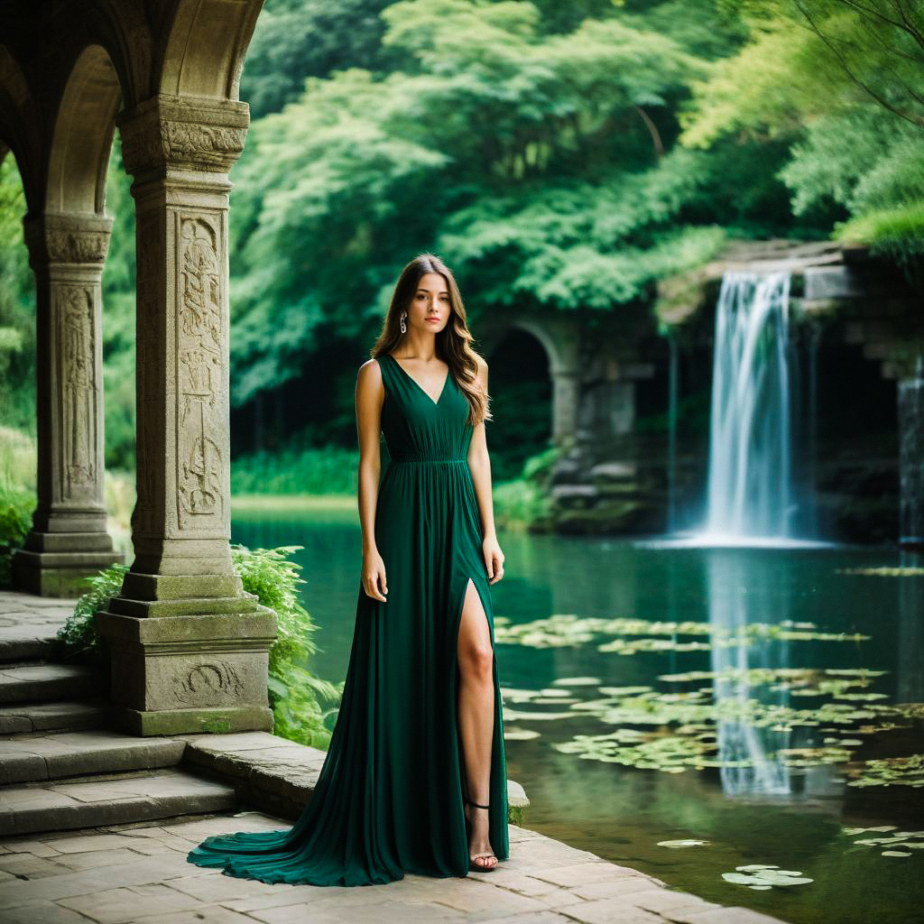 Elegant Woman in Green Gown by Serene Pond