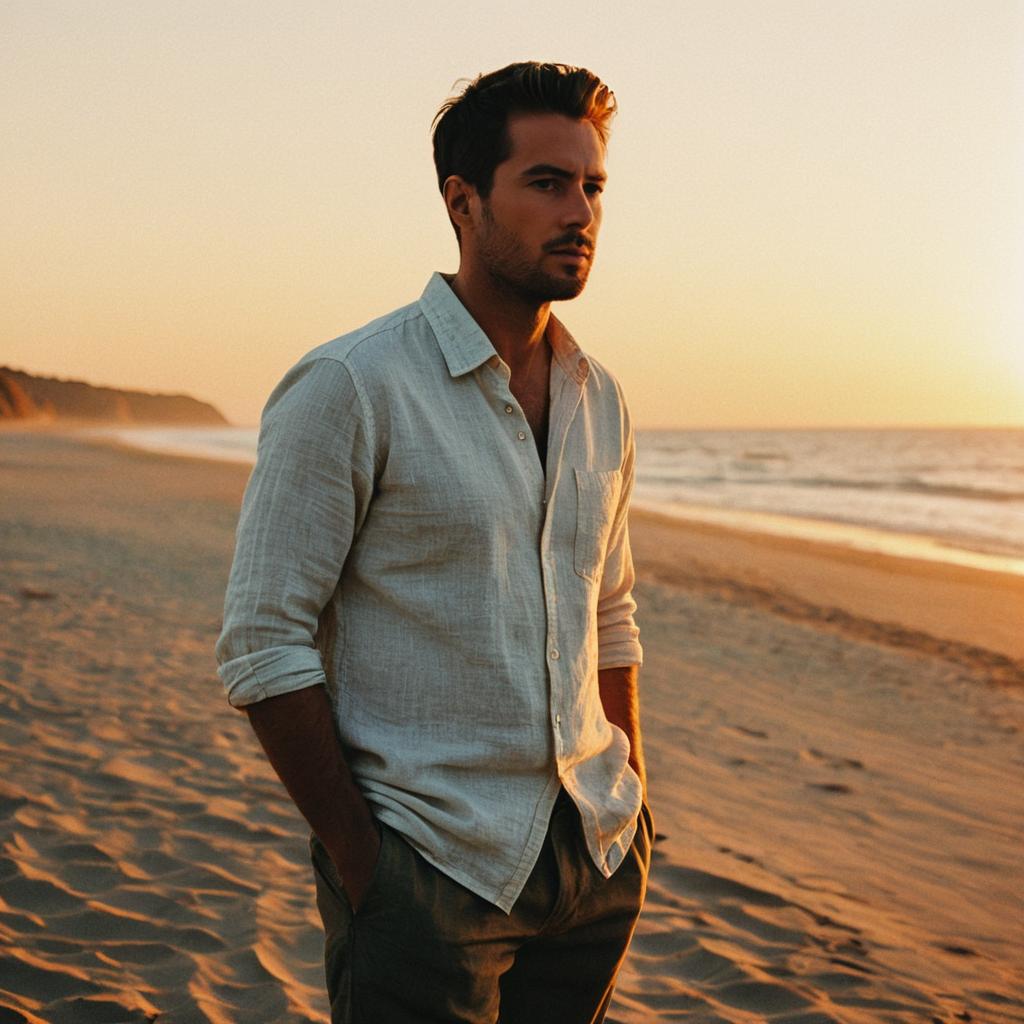 Young Man in Linen Shirt Standing on Beach at Sunset