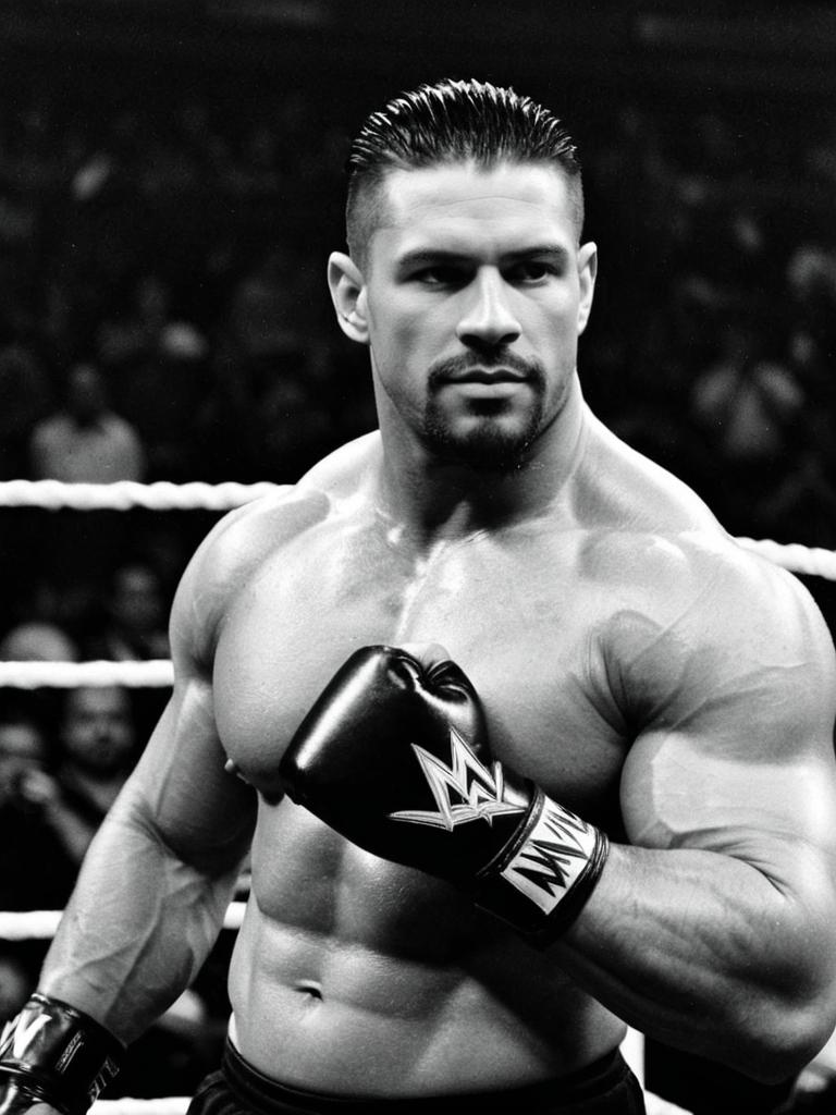Powerful WWE Fighter in Boxing Gloves Inside Wrestling Ring Black and White