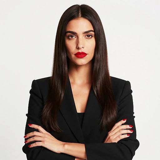 Confident Woman in Black Blazer with Red Lipstick and Nails