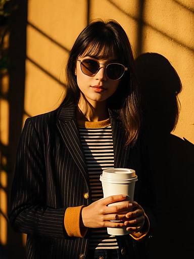Woman in Casual Streetwear with Black and White Striped T-Shirt Holding Coffee