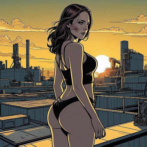 Confident Woman in Black Crop Top on Industrial Rooftop at Sunset Illustration