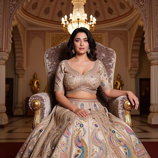 Woman in Embroidered Traditional Indian Lehenga in Regal Palace