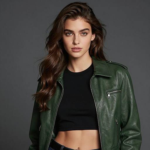 Young Woman in Green Leather Jacket and Black Crop Top Gen Z Fashion Portrait
