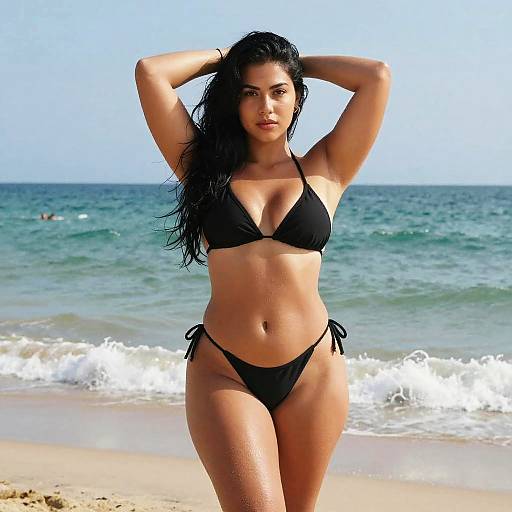 Woman in Black Bikini Posing on Beach with Ocean Background